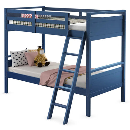 Twin Over Twin Bunk Bed Convertible 2 Individual Beds Wooden -Navy - Navy - Bunk Bed Frame