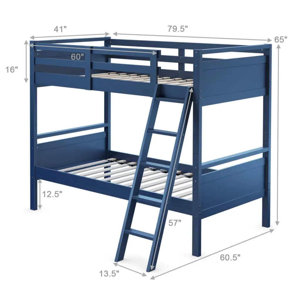Twin Over Twin Bunk Bed Convertible 2 Individual Beds Wooden -Navy - Navy - Bunk Bed Frame