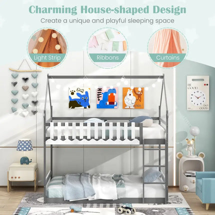 Twin Over Twin Bunk Bed with Fence and Ladder for Kids-Gray - Gray - Bunk Bed Frame