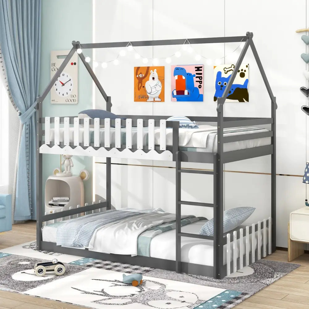 Twin Over Twin Bunk Bed with Fence and Ladder for Kids-Gray - Gray - Bunk Bed Frame