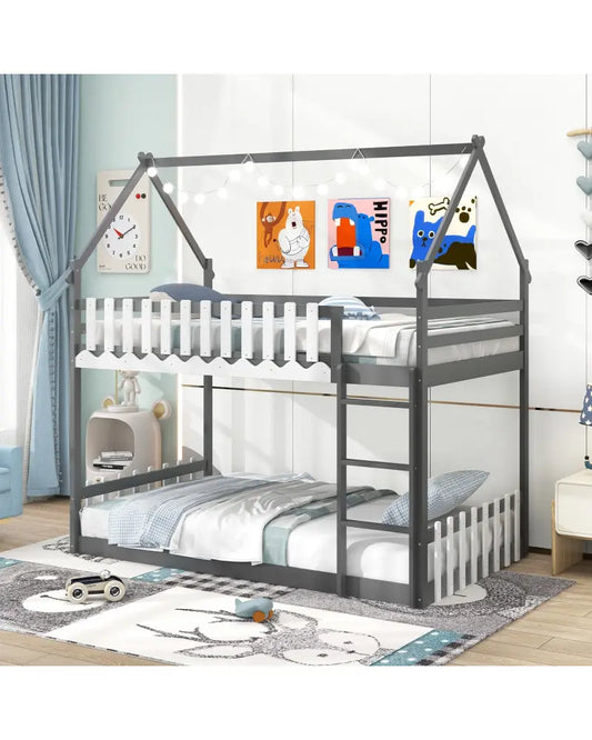 Twin Over Twin Bunk Bed with Fence and Ladder for Kids-Gray - Gray - Bunk Bed Frame