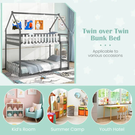 Twin Over Twin Bunk Bed with Fence and Ladder for Kids-Gray - Gray - Bunk Bed Frame