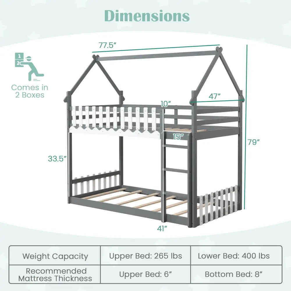 Twin Over Twin Bunk Bed with Fence and Ladder for Kids-Gray - Gray - Bunk Bed Frame