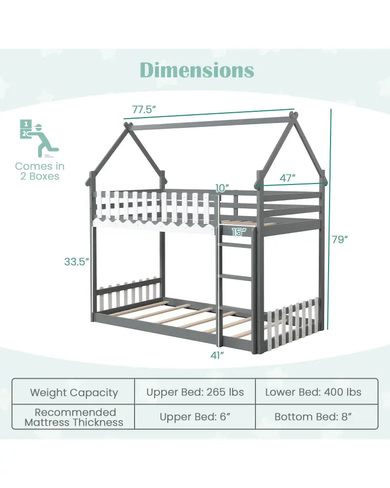 Twin Over Twin Bunk Bed with Fence and Ladder for Kids-Gray - Gray - Bunk Bed Frame