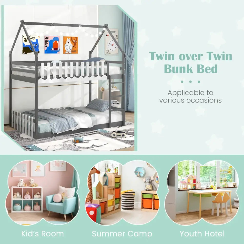 Twin Over Twin Bunk Bed with Fence and Ladder for Kids-Gray - Gray - Bunk Bed Frame