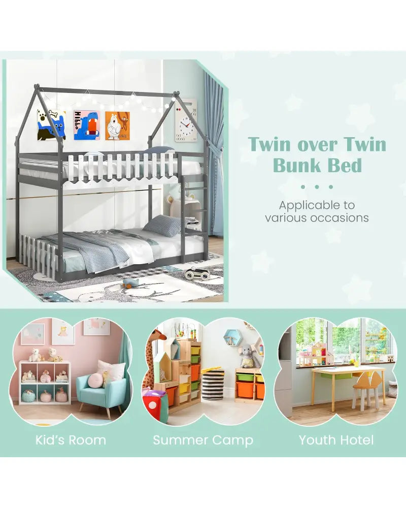 Twin Over Twin Bunk Bed with Fence and Ladder for Kids-Gray - Gray - Bunk Bed Frame