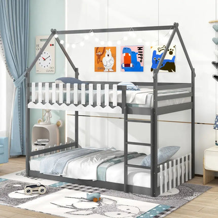 Twin Over Twin Bunk Bed with Fence and Ladder for Kids-Gray - Gray - Bunk Bed Frame