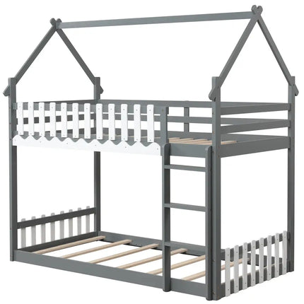 Twin Over Twin Bunk Bed with Fence and Ladder for Kids-Gray - Gray - Bunk Bed Frame