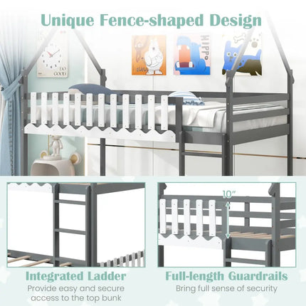 Twin Over Twin Bunk Bed with Fence and Ladder for Kids-Gray - Gray - Bunk Bed Frame