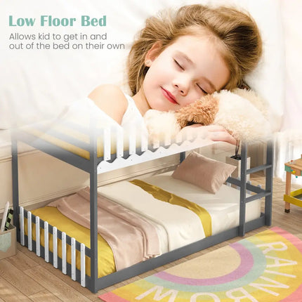 Twin Over Twin Bunk Bed with Fence and Ladder for Kids-Gray - Gray - Bunk Bed Frame