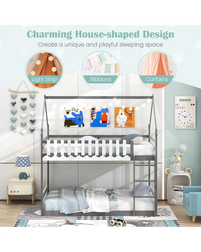 Twin Over Twin Bunk Bed with Fence and Ladder for Kids-Gray - Gray - Bunk Bed Frame