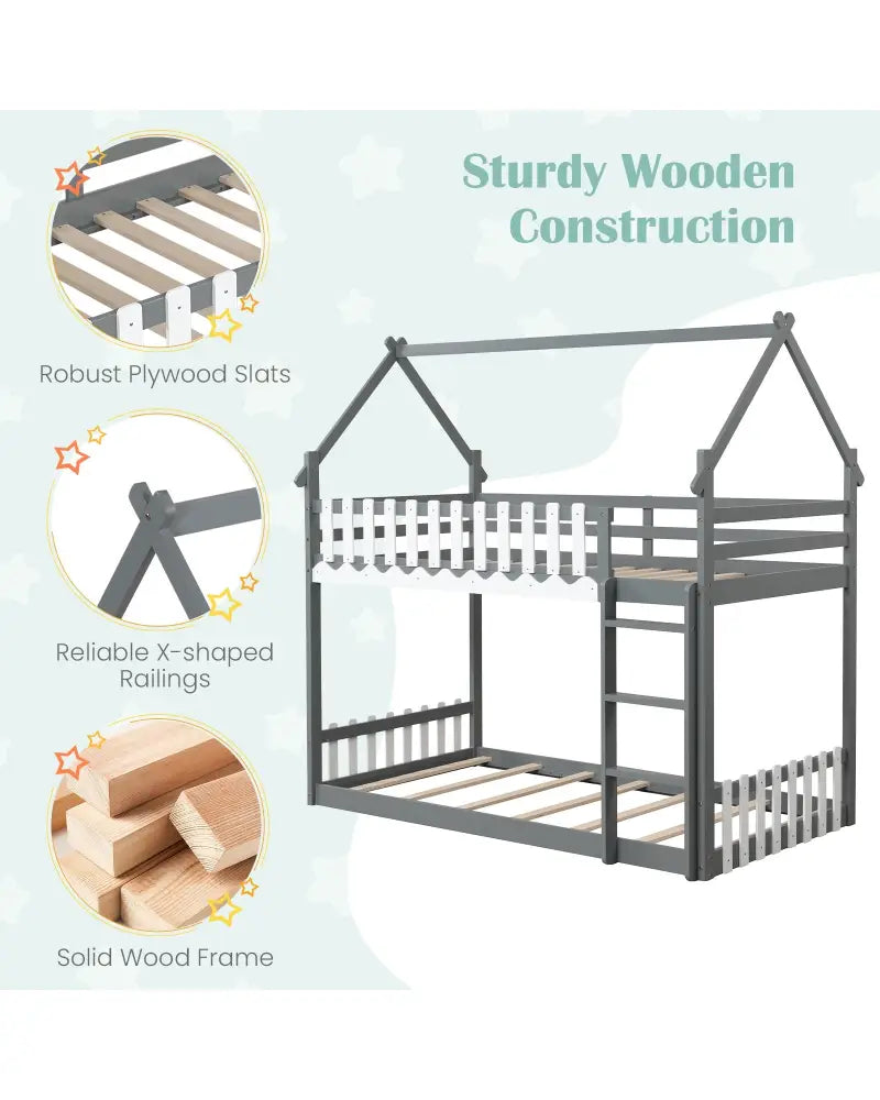 Twin Over Twin Bunk Bed with Fence and Ladder for Kids-Gray - Gray - Bunk Bed Frame