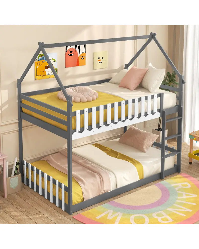 Twin Over Twin Bunk Bed with Fence and Ladder for Kids-Gray - Gray - Bunk Bed Frame