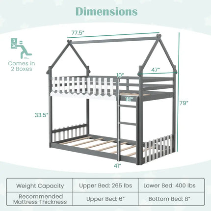 Twin Over Twin Bunk Bed with Fence and Ladder for Kids-Gray - Gray - Bunk Bed Frame