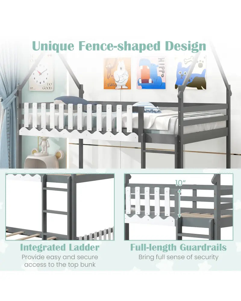 Twin Over Twin Bunk Bed with Fence and Ladder for Kids-Gray - Gray - Bunk Bed Frame