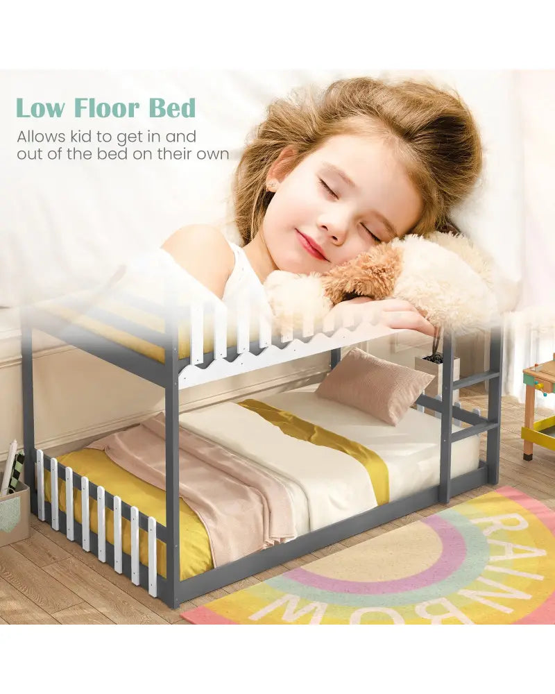 Twin Over Twin Bunk Bed with Fence and Ladder for Kids-Gray - Gray - Bunk Bed Frame