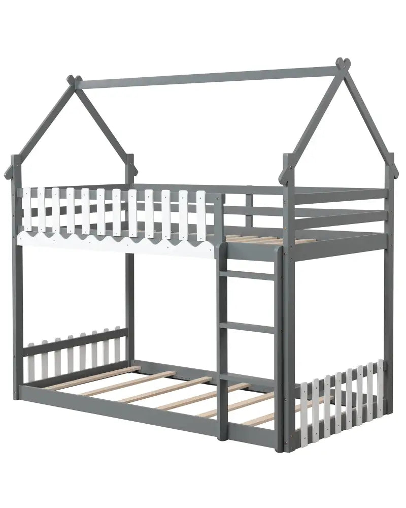 Twin Over Twin Bunk Bed with Fence and Ladder for Kids-Gray - Gray - Bunk Bed Frame