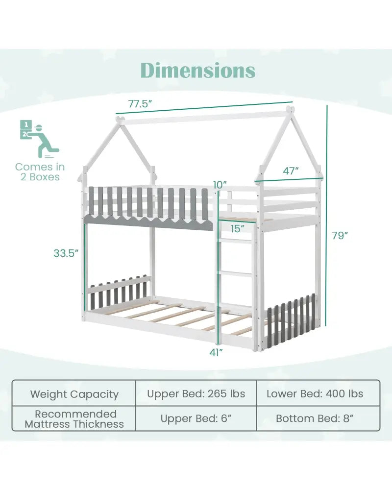 Twin Over Twin Bunk Bed with Fence and Ladder for Kids-White - White - Bunk Bed Frame