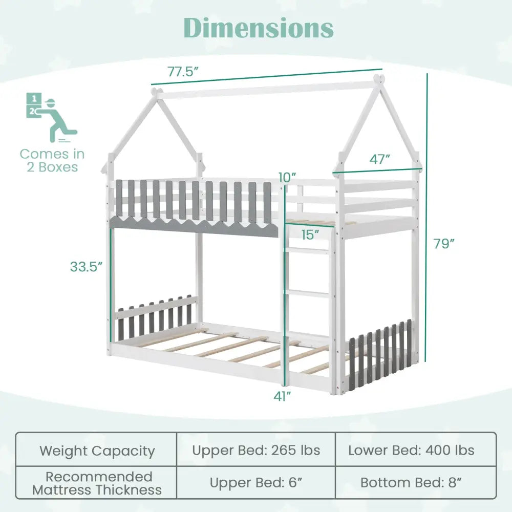 Twin Over Twin Bunk Bed with Fence and Ladder for Kids-White - White - Bunk Bed Frame