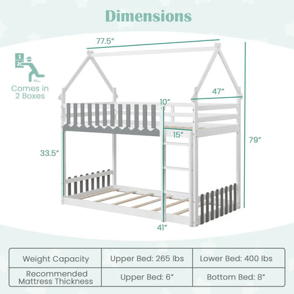 Twin Over Twin Bunk Bed with Fence and Ladder for Kids-White - White - Bunk Bed Frame