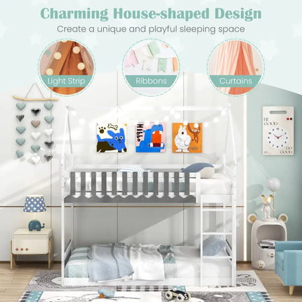 Twin Over Twin Bunk Bed with Fence and Ladder for Kids-White - White - Bunk Bed Frame