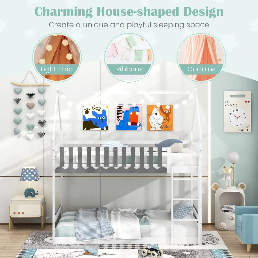 Twin Over Twin Bunk Bed with Fence and Ladder for Kids-White - White - Bunk Bed Frame