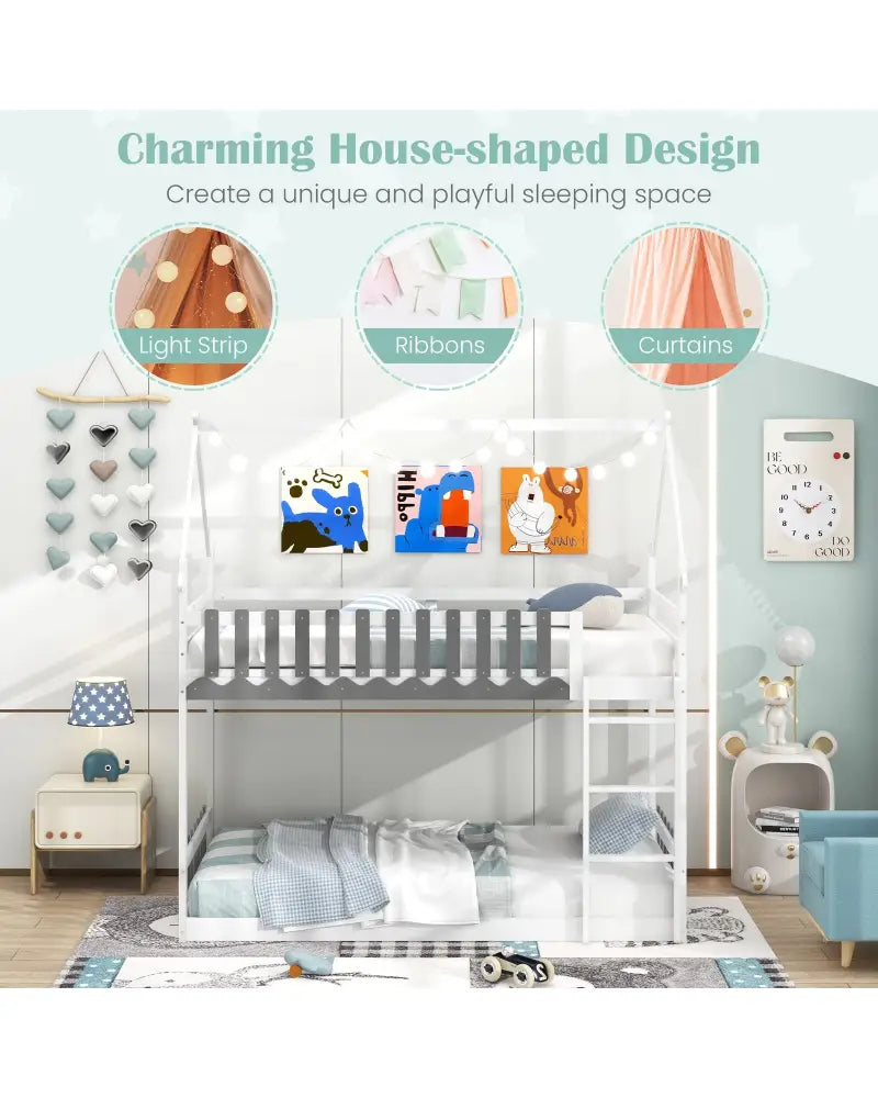 Twin Over Twin Bunk Bed with Fence and Ladder for Kids-White - White - Bunk Bed Frame