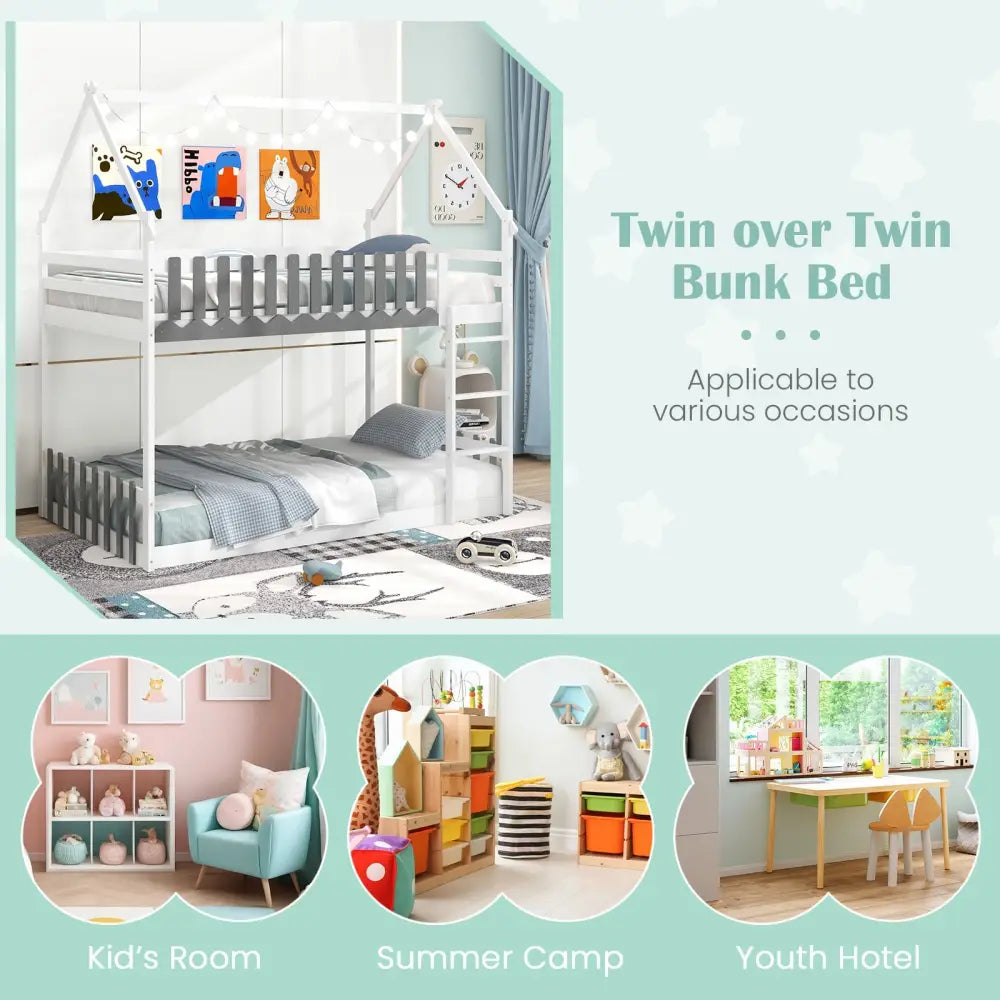 Twin Over Twin Bunk Bed with Fence and Ladder for Kids-White - White - Bunk Bed Frame