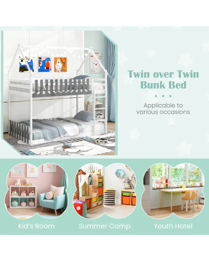 Twin Over Twin Bunk Bed with Fence and Ladder for Kids-White - White - Bunk Bed Frame