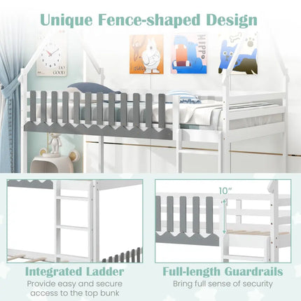 Twin Over Twin Bunk Bed with Fence and Ladder for Kids-White - White - Bunk Bed Frame