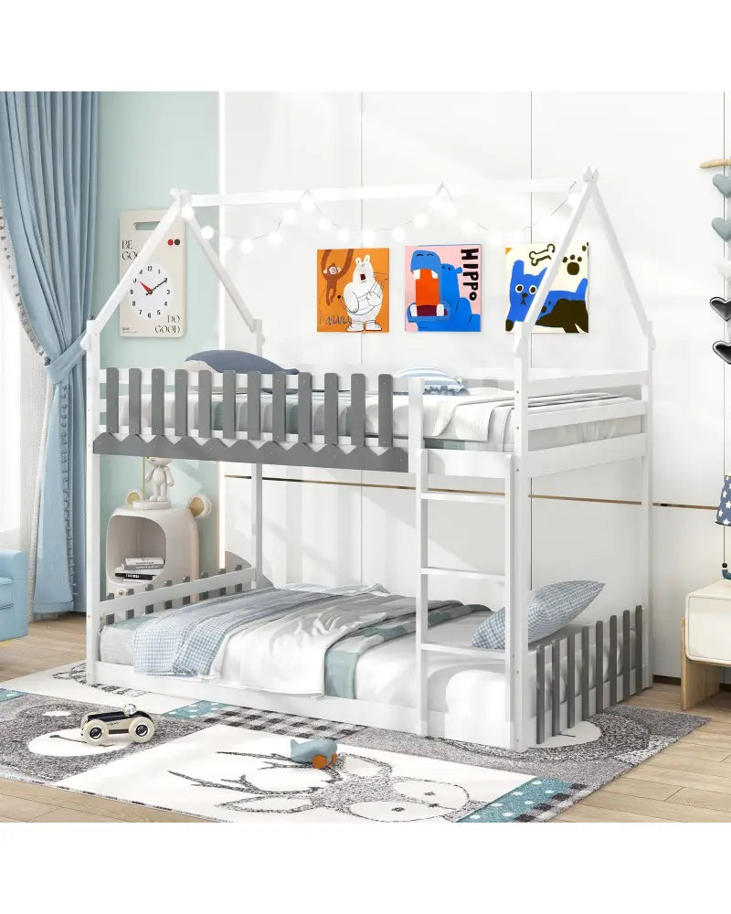 Twin Over Twin Bunk Bed with Fence and Ladder for Kids-White - White - Bunk Bed Frame