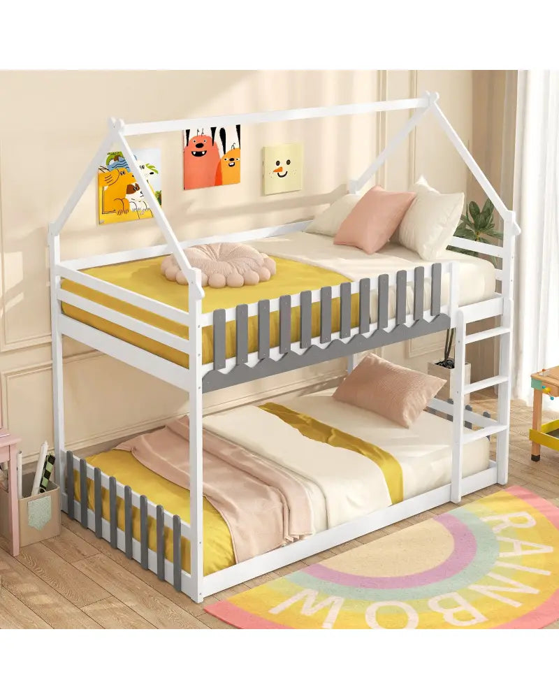 Twin Over Twin Bunk Bed with Fence and Ladder for Kids-White - White - Bunk Bed Frame