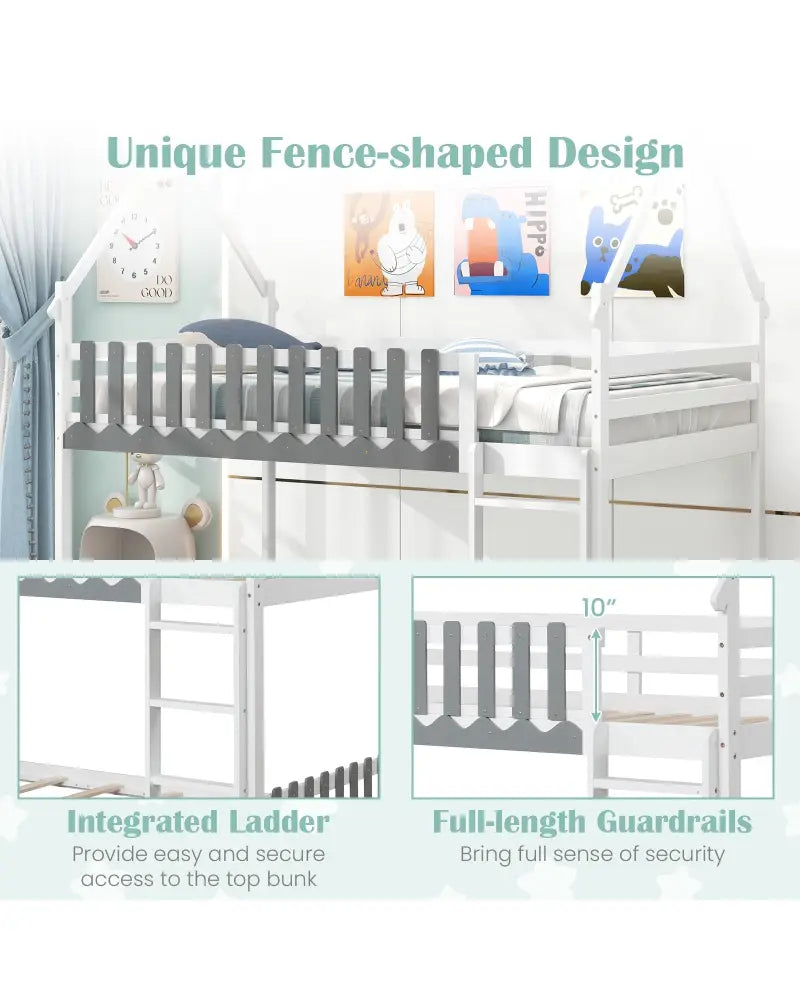 Twin Over Twin Bunk Bed with Fence and Ladder for Kids-White - White - Bunk Bed Frame