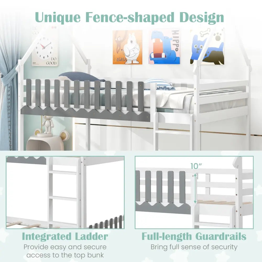 Twin Over Twin Bunk Bed with Fence and Ladder for Kids-White - White - Bunk Bed Frame