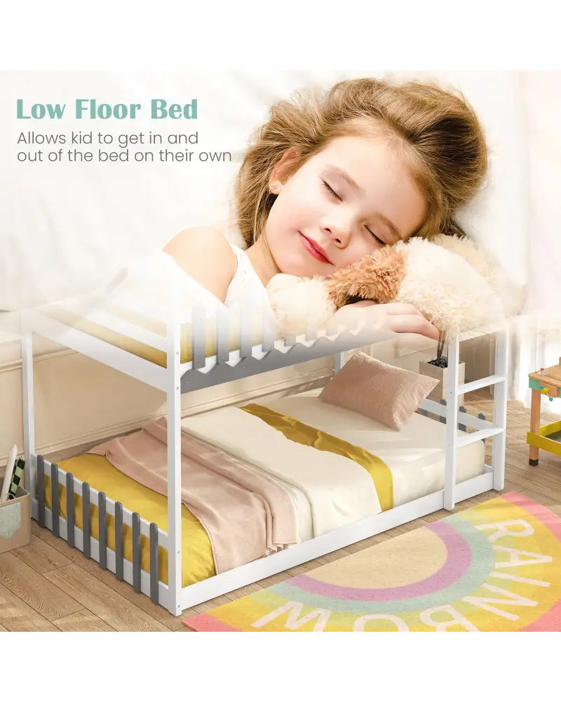 Twin Over Twin Bunk Bed with Fence and Ladder for Kids-White - White - Bunk Bed Frame