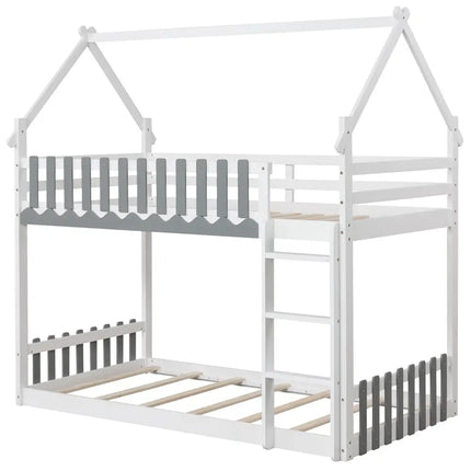 Twin Over Twin Bunk Bed with Fence and Ladder for Kids-White - White - Bunk Bed Frame