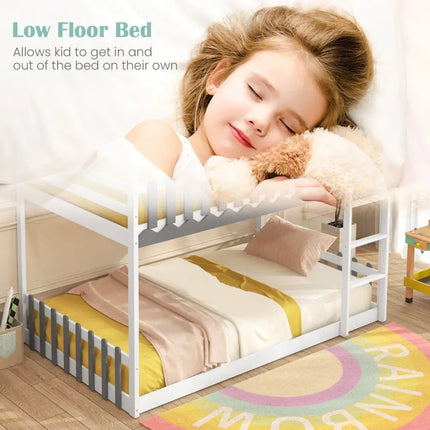 Twin Over Twin Bunk Bed with Fence and Ladder for Kids-White - White - Bunk Bed Frame