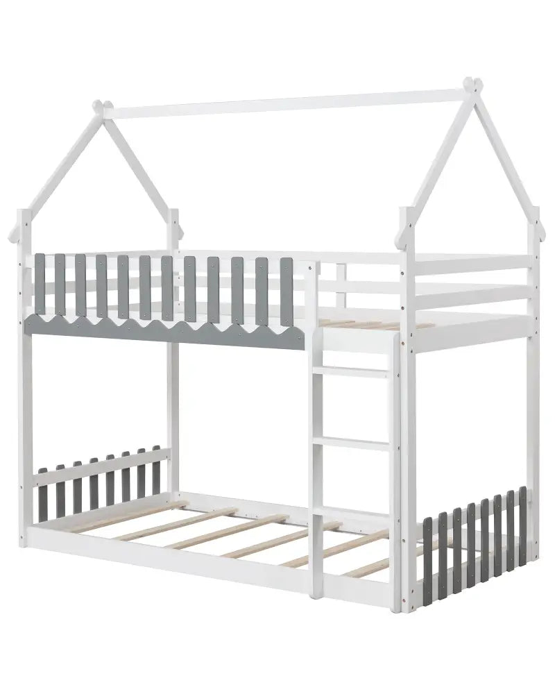 Twin Over Twin Bunk Bed with Fence and Ladder for Kids-White - White - Bunk Bed Frame