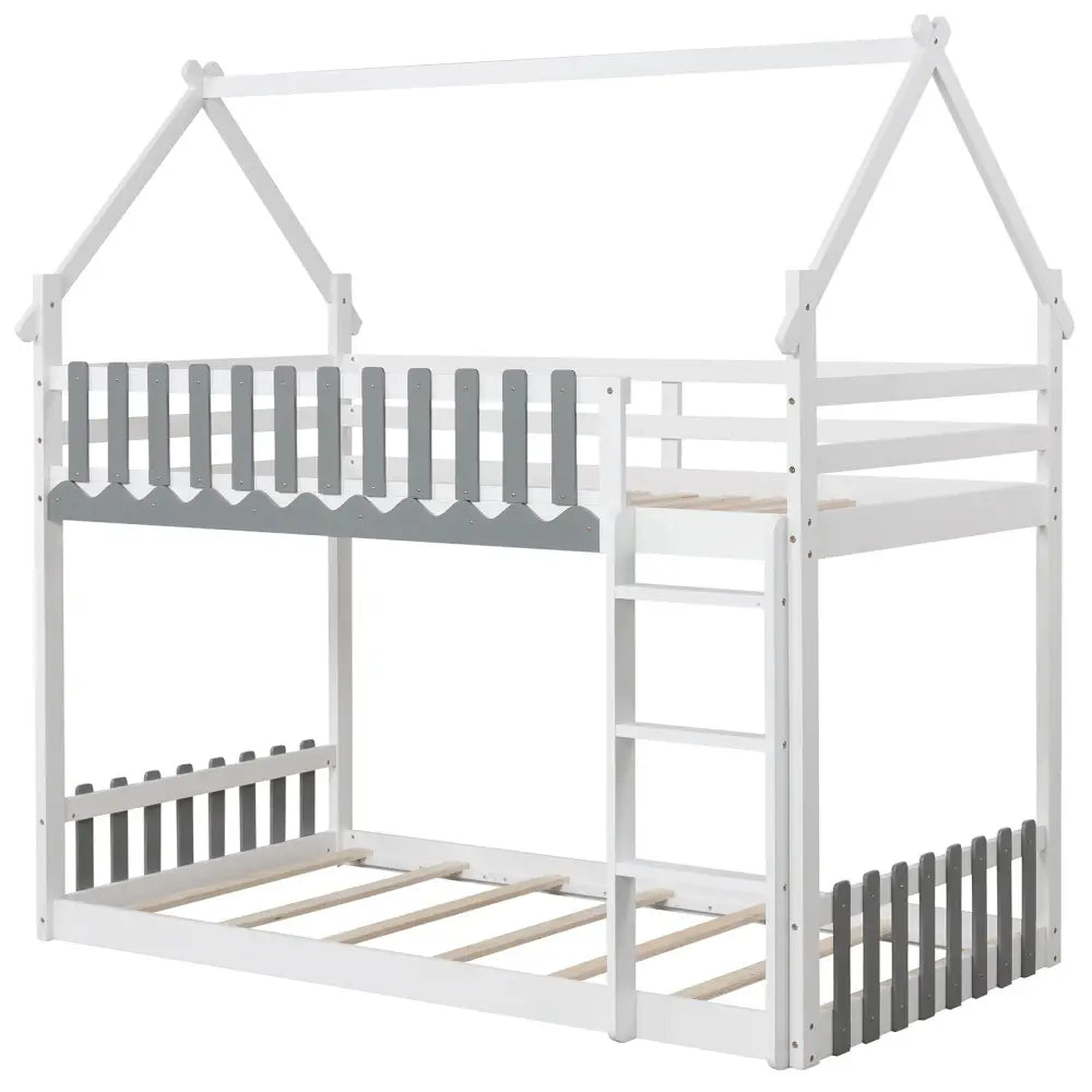 Twin Over Twin Bunk Bed with Fence and Ladder for Kids-White - White - Bunk Bed Frame