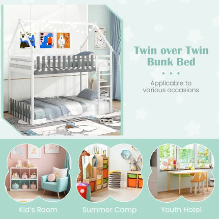Twin Over Twin Bunk Bed with Fence and Ladder for Kids-White - White - Bunk Bed Frame