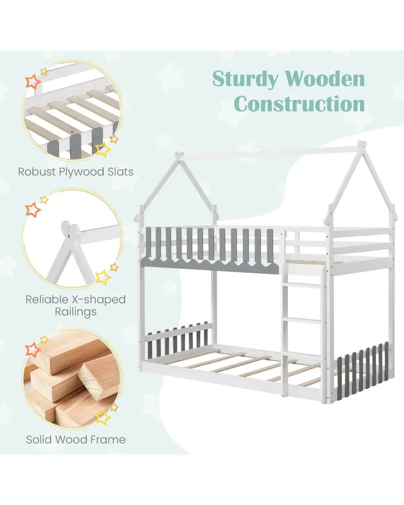 Twin Over Twin Bunk Bed with Fence and Ladder for Kids-White - White - Bunk Bed Frame