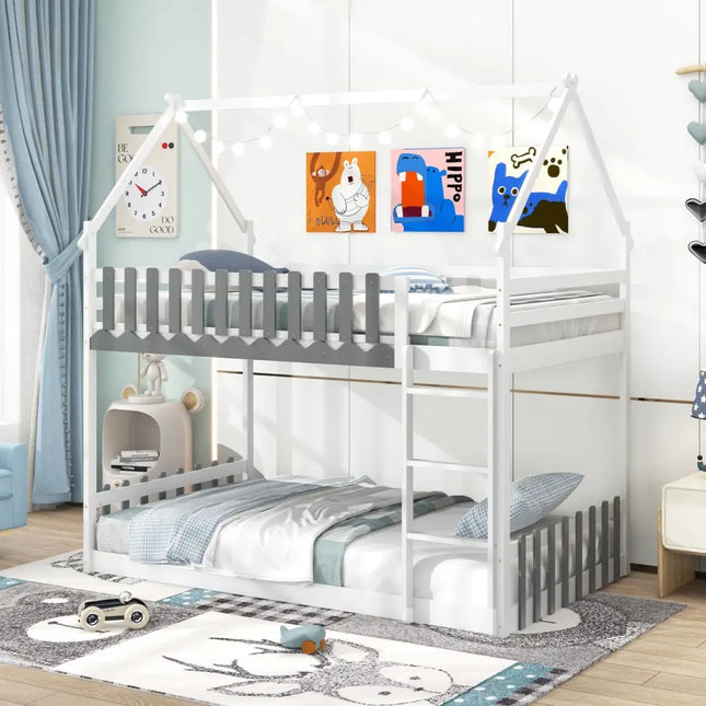 Twin Over Twin Bunk Bed with Fence and Ladder for Kids-White - White - Bunk Bed Frame