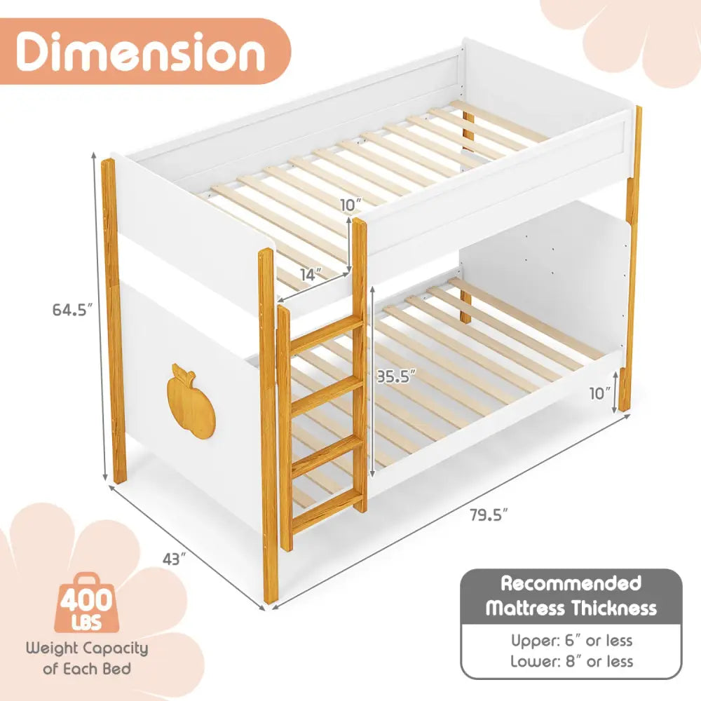 Twin Over Twin Bunk Bed with Integrated Ladder and Safety Guardrails-Twin Size - White - Bunk Bed Frame