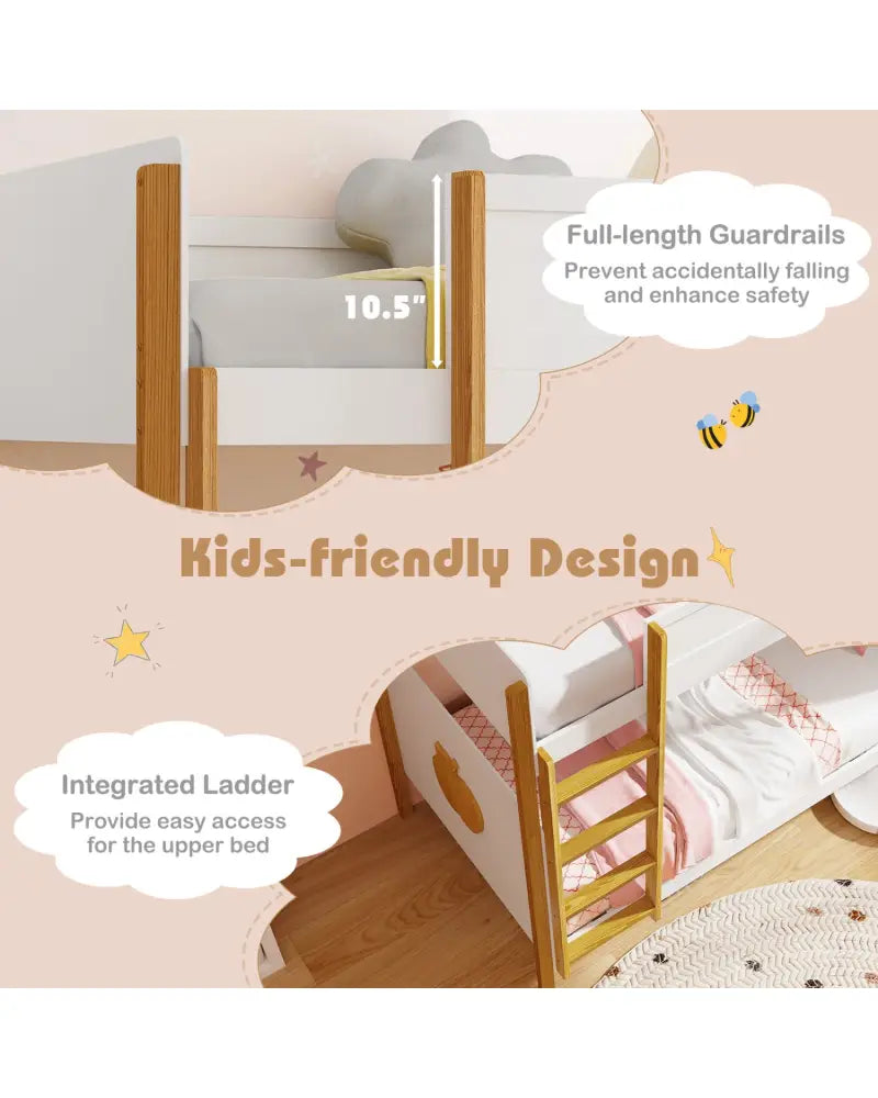Twin Over Twin Bunk Bed with Integrated Ladder and Safety Guardrails-Twin Size - White - Bunk Bed Frame