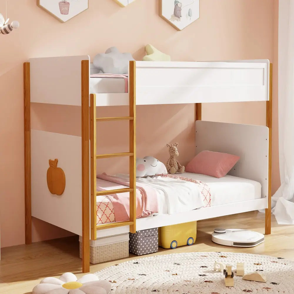 Twin Over Twin Bunk Bed with Integrated Ladder and Safety Guardrails-Twin Size - White - Bunk Bed Frame