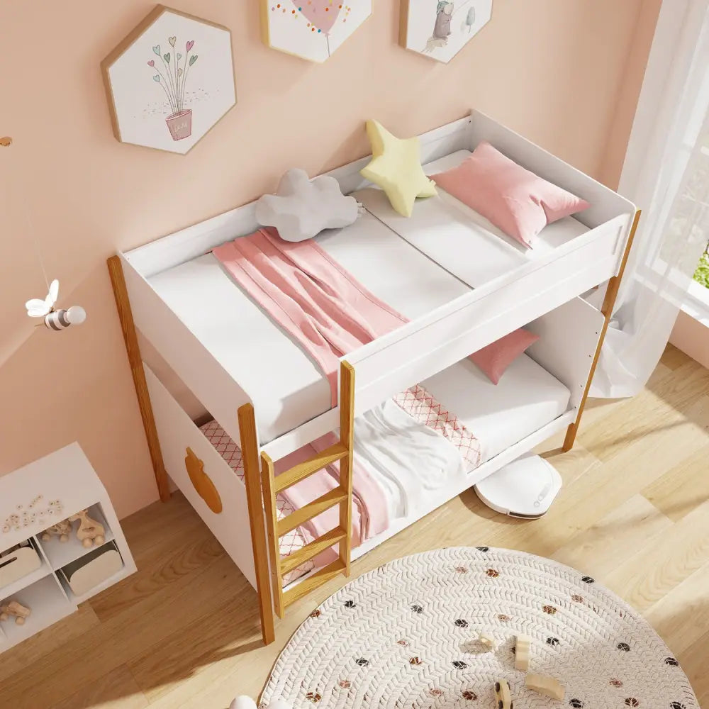 Twin Over Twin Bunk Bed with Integrated Ladder and Safety Guardrails-Twin Size - White - Bunk Bed Frame
