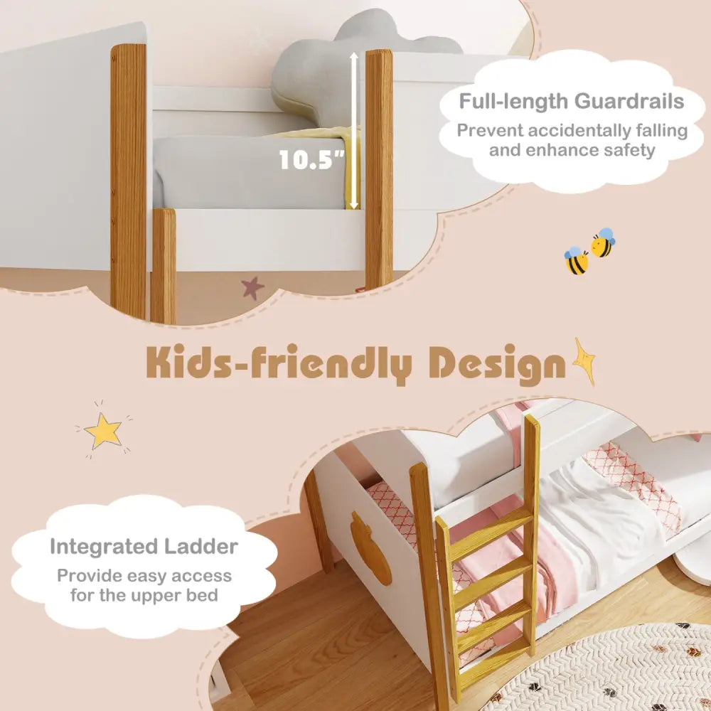 Twin Over Twin Bunk Bed with Integrated Ladder and Safety Guardrails-Twin Size - White - Bunk Bed Frame