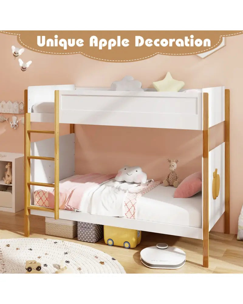 Twin Over Twin Bunk Bed with Integrated Ladder and Safety Guardrails-Twin Size - White - Bunk Bed Frame