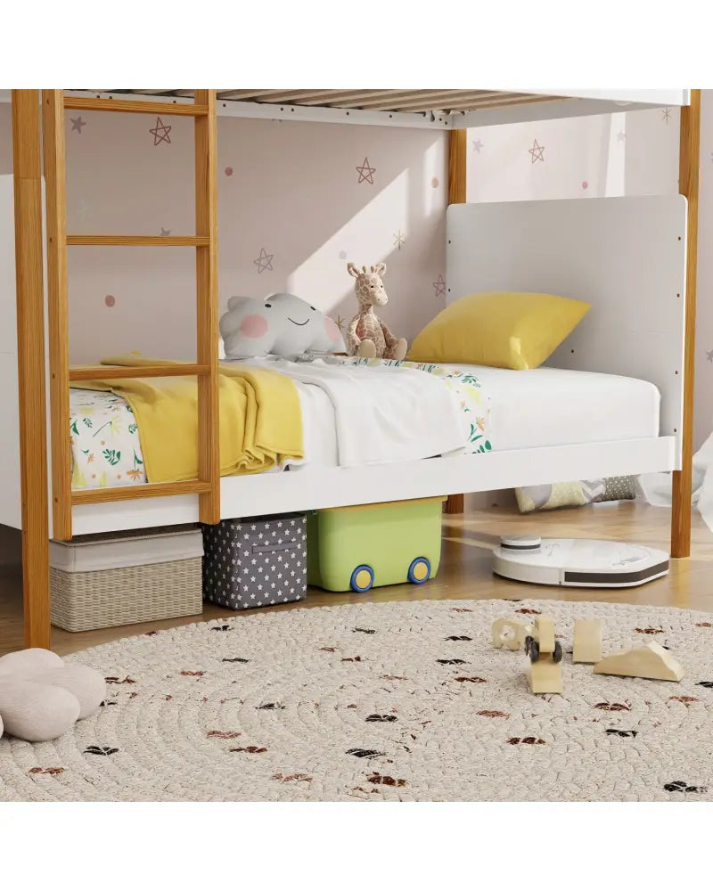 Twin Over Twin Bunk Bed with Integrated Ladder and Safety Guardrails-Twin Size - White - Bunk Bed Frame