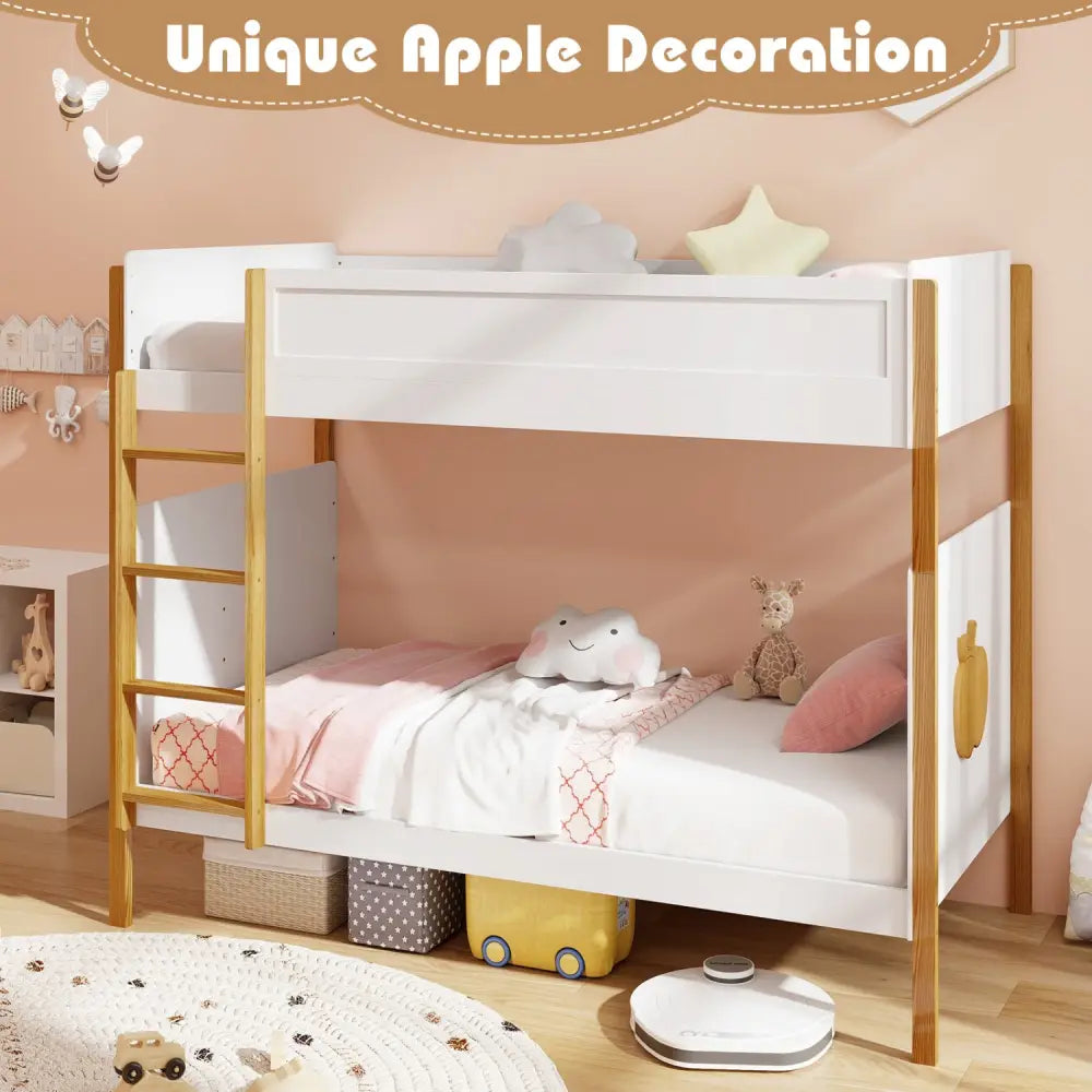 Twin Over Twin Bunk Bed with Integrated Ladder and Safety Guardrails-Twin Size - White - Bunk Bed Frame
